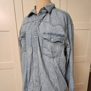 Bit and Bridle Denim Western Pearl Snap Shirt Mens XL Workwear Cowboy
